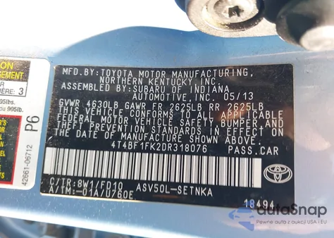 2013 Toyota Camry Le z USA, uszkodzony, nr VIN 4T4BF1FK2DR318076